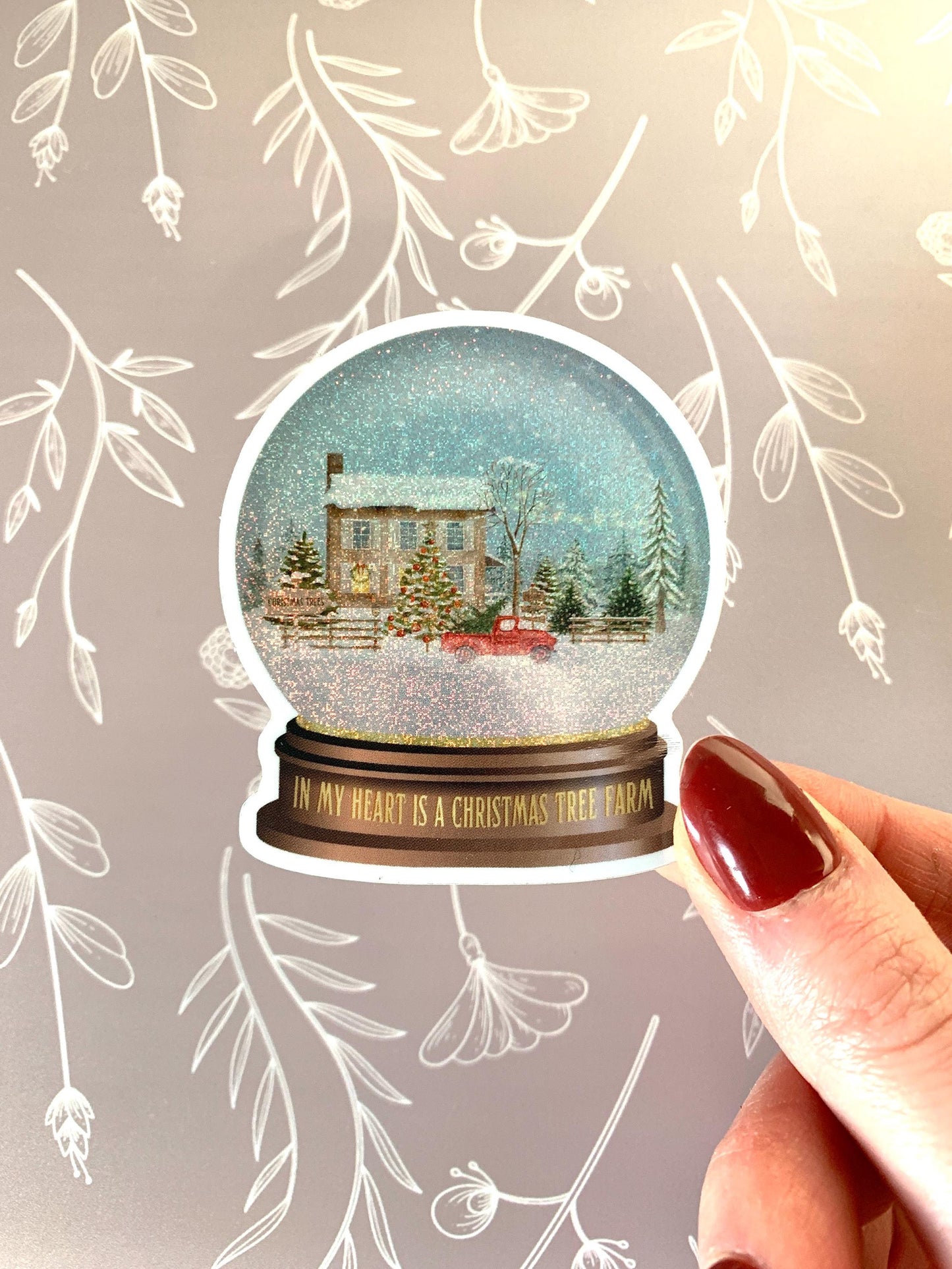 Christmas Farm Snowglobe Shimmer Sticker, Tree Farm Nostalgic Sparkly Sticker