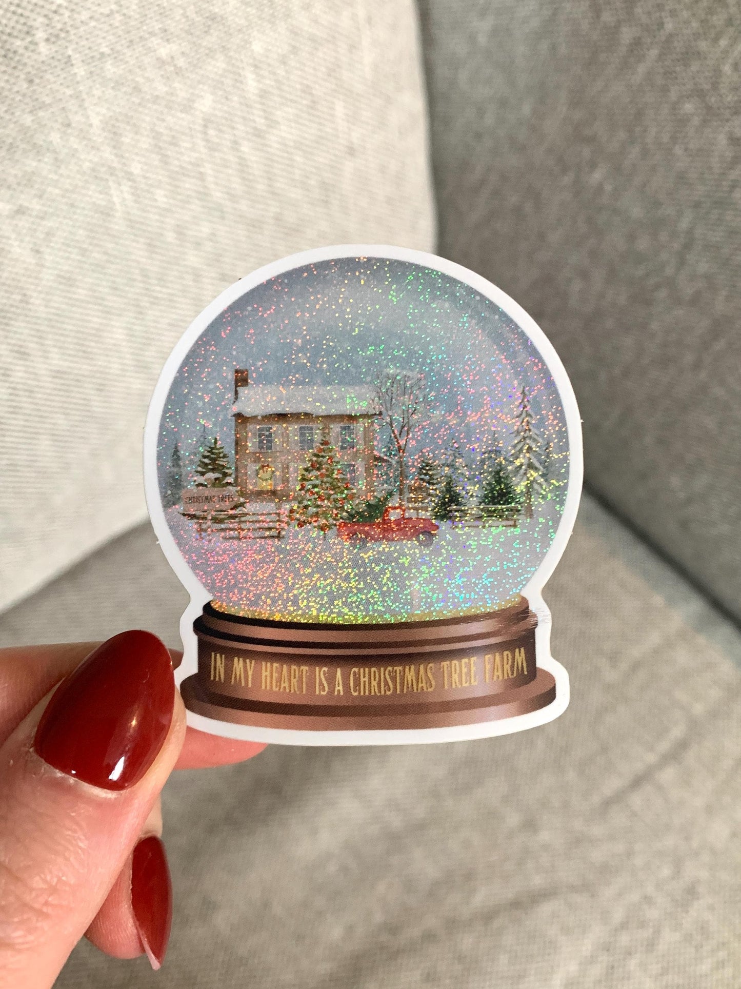 Christmas Farm Snowglobe Shimmer Sticker, Tree Farm Nostalgic Sparkly Sticker