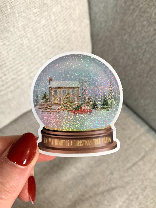 Christmas Farm Snowglobe Shimmer Sticker, Tree Farm Nostalgic Sparkly Sticker