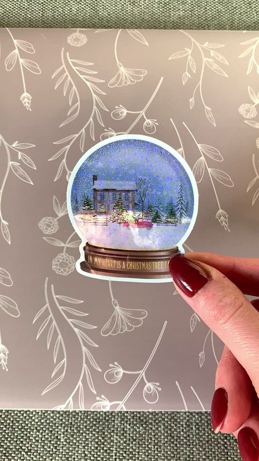 Christmas Farm Snowglobe Shimmer Sticker, Tree Farm Nostalgic Sparkly Sticker